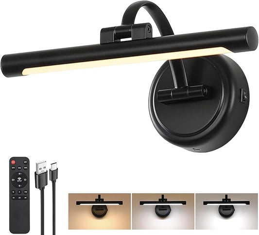 Tassuowell Rechargeable Picture Light for Wall, Cordless Art Lights Battery Operated, Dimmable Wall Light with Remote & Timer, 3 Color Modes for Paintings, Gallery, Artwork(Black, 12inch)