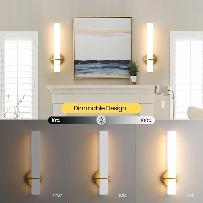 AIJIASI Gold Bathroom Wall Sconces Set of 2: 18 Inch Modern Sconces Wall Lighting 18W LED Dimmable Wall Light with Acrylic Lampshade, Brushed Gold Sconces for Bedroom Living Room Hallway (Hardwired)