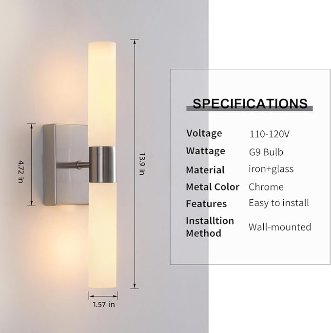 KUZZULL Wall Sconces Set of Two Brushed Nickel Bathroom Sconces Wall Decor Set of 2 Modern Wall Light Fixtures Metal Sconces Wall Lighting with Frosted Glass Shade Wall Mounted Lamp