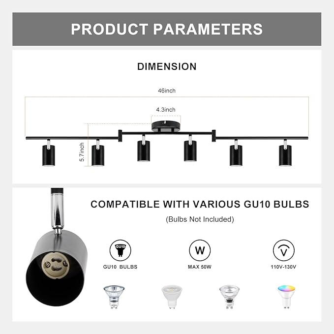 Ketom 6-Light Track Lighting Fixtures Ceiling, GU10 Black Led Ceiling Spotlight, Modern Track Light Kit for Kitchen Hallway Bedroom Living Room