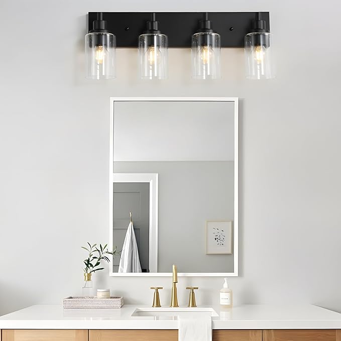 LOUSACE 4 Light Bathroom Vanity Light, Matte Black Bathroom Lighting Fixtures with Clear Glass Shade, Modern Vanity Wall Sconces over Mirror, Farmhouse Black Bath Light Fixture for Bedroom Living Room