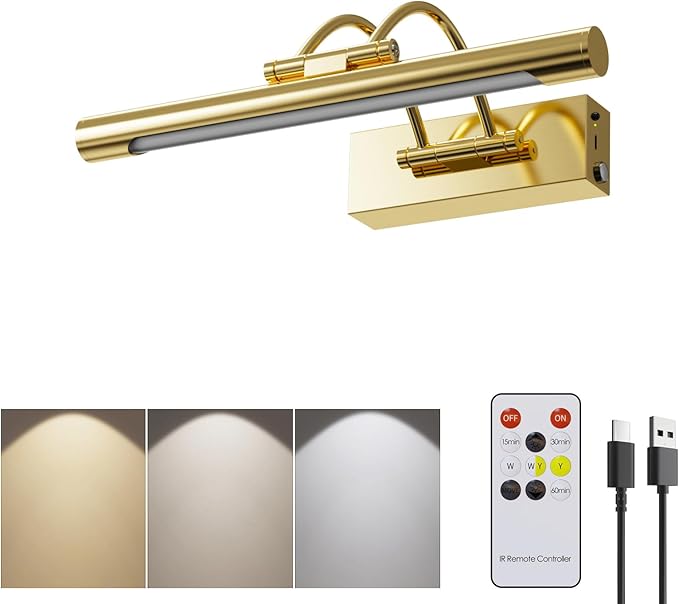 Picture Light,Wireless Rechargeable Gallery Light with Remote,5000mAh Dimmable Painting Rechargeable Picture Lights for Wall,12 inch Metal Picture Lights for Art,Paintings,Mirror,Gold
