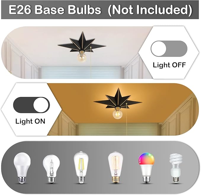 16 inch Flush Mount Ceiling Light with Pull Chain On/Off Switch, Industrial Black Star Ceiling Light Fixtures, Farmhouse Lighting for Hallway, Entryway, Porch, Study, Bedroom, Stair, Kitchen, Bathroom