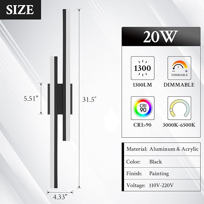 LED Wall Sconce Set of 2 Black Remote Modern LED Vanity Lights Set of 2 Indoor Wall Light Fixtures for Living Room, Dimmable Wall Sconce for Bedside Bedroom Bathroom, 31.5inch 2 Pack