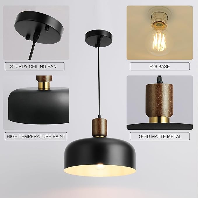 Modern Black Pendant Light Over Kitchen Island,Industrial Pendant Lighting,Adjustable Wood Ceiling Hanging Light Fixture for Dining Room,Living Room,Bedroom,Hallway,Sink,Bar