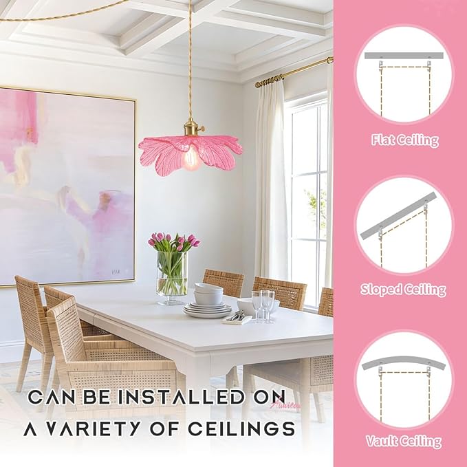 Pink Plug in Glass Pendant Light Mid Century Hanging Lamp Girls Room Plug in Ceiling Hanging Lights with 14.7 ft Long Cord for Living Room Dining Room Bedroom Kitchen Island