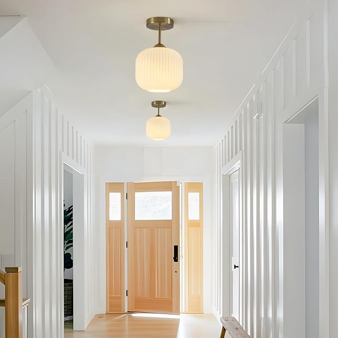 Milk Glass Flush Mount Ceiling Light Small Mid Century Modern Kitchen Lighting Fixtures Vintage Brushed Gold Semi Flush Mount Ceiling Light for Bedroom Hallway (2 Pack)