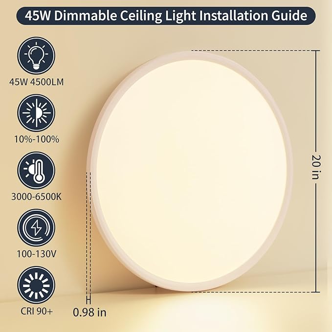 20 Inch Flush Mount Ceiling Light with Remote, 45W Dimmable LED Fixture 4500LM, 3000K-6500K Adjustable, Round Ceiling Lamp for Bedroom, Kitchen, Living Room, Dining Room, Bathroom, White
