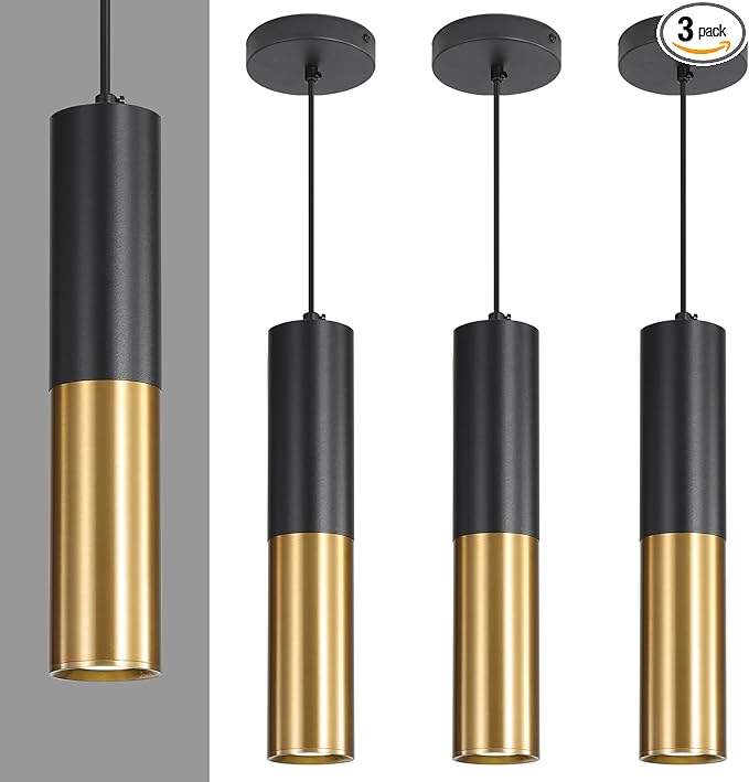 3 Pack Modern Black and Gold LED Pendant Lights, Minimalist Linear Hanging Light, 3 Color 2700K/4500K/6500K, Ceiling Mount Pendant Lamp for Kitchen Island, Dining Room, Bedroom, Bar, Cafe