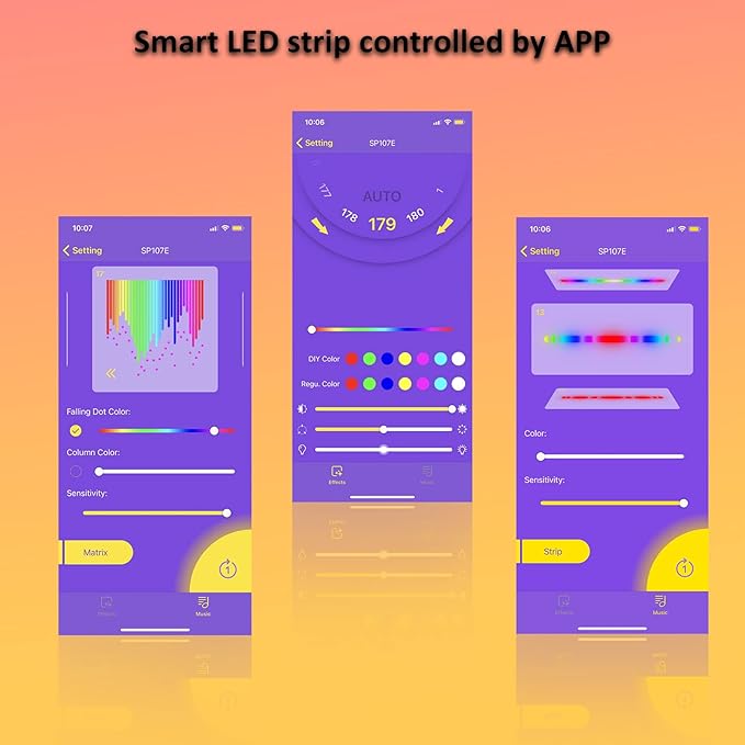 SP107e LED Controller, Music-Sync RGB Pixel Controller for WS2812b/Ws2811/SK6812 LED Strips & Screen Lighting, APP-Controlled Smart System with Real-Time Audio Effects