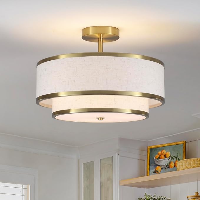 Semi Flush Mount Ceiling Light, 3-Light Double Drum Ceiling Light Fixture with Fabric Shade, Farmhouse Chandelier Dining Room Light Fixture for Bedroom, Kitchen, Hallway (Gold)