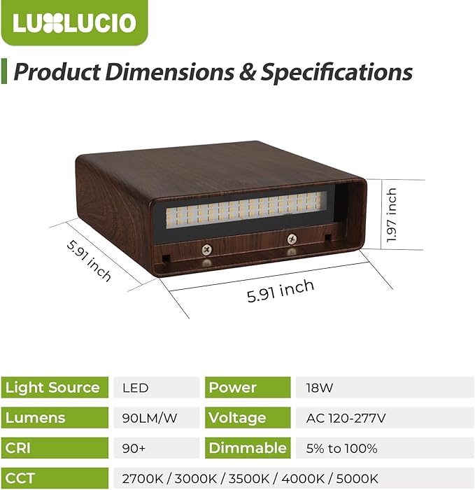 Walnut Wood Grain Indoor Outdoor Up and Down Wall Sconce, 5%-100% Dimmable 18W, 5CCT (2700K-5000K), Modern Lighting for Living Room/Porch, CRI90+, 120V-277V, ETL FCC Certified