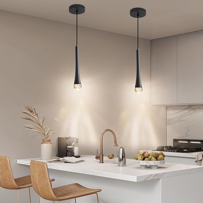 3 Pack Modern Black LED Pendant Light, Kitchen Island Ceiling Hanging Lights, Teardrop Bubble Crystal, 3 Color 2700K/4500K/6500K, Bedside Small Chandeliers Lamps for Bar, Dining Room, Hallway, Foyer