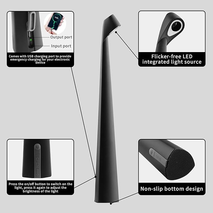 HAPYGI Portable Cordless LED Desk Lamp,Rechargeable Wireless Table Lamp, 3-Level Brightness, Patio Table Lamp, Bedside Night Light, Dining Room Ambient Light, Reading Light (Black)