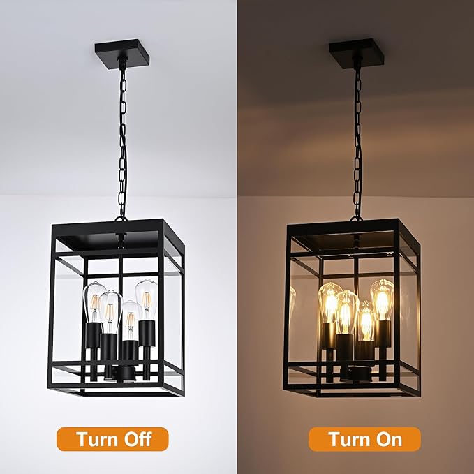 VINLUZ 4-Light 16" Outdoor Pendant Light with Adjustable Chain, Matte Black Outdoor Hanging Light Fixture, Exterior Hanging Lantern Chandelier for Entryway Patio Garden