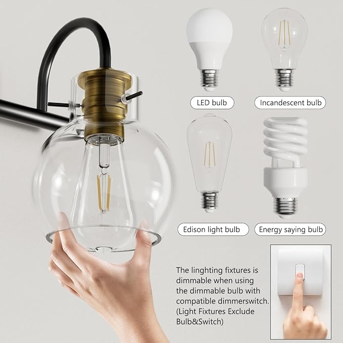 3 Light Bathroom Vanity Light, Brushed Gold and Black Vanity Lighting Fixtures, Bathroom Wall Mounted Sconces Vanity Lights Over Mirror with Globel Glass Shade, E26 Base