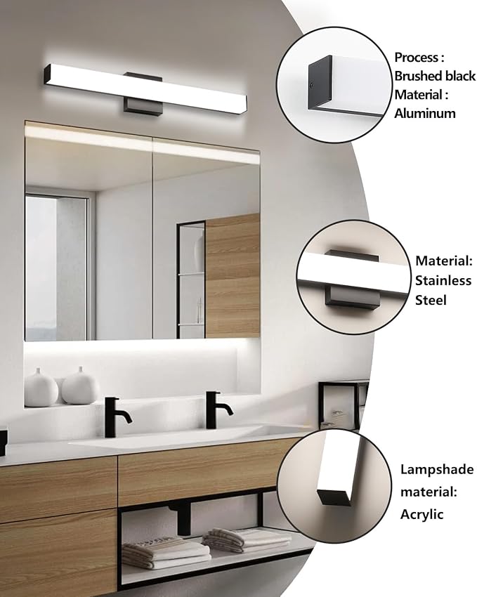 LED Bathroom Vanity Light Fixtures 24in Matte Black,Dimmable18W 4000K Natural White Square Wall Fixture, Modern Lighting for Over Mirror, Damp Rated