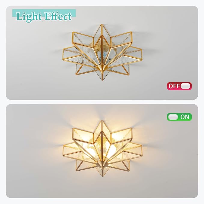 Brass Flush Mount Ceiling Light with Ceramic Light Socket, Star Shaped Ceiling Light Fixture, Mid Century Glass Ceiling Mount Lamp for Entryway, Hallway, Nursery (Rippled Glass, 15.7")