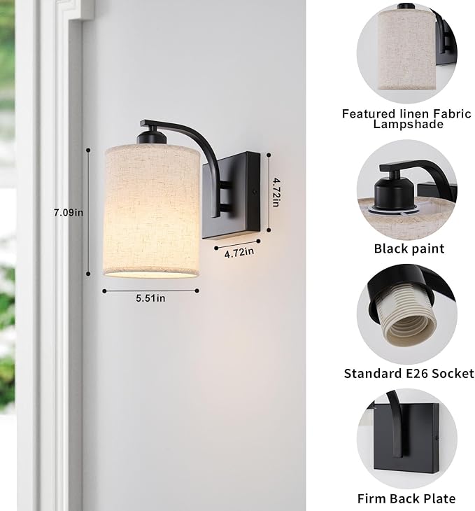 Powfloven Black Rechargeable Battery Operated Wall Sconces Set of 2 with Remote, Wireless Dimmable Battery Powered LED Wall Lights, Cordless Wall Lighting Lamp Fixture for Bedroom Living Room
