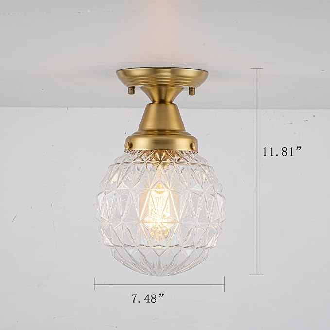 EDISLIVE 7.5" Glass Semi Flush Mount Ceiling Light Vintage Globe Ceiling Lamp with Clear Plaid Glass for Hallyway Foyer Bedroom Dinning Room Gold