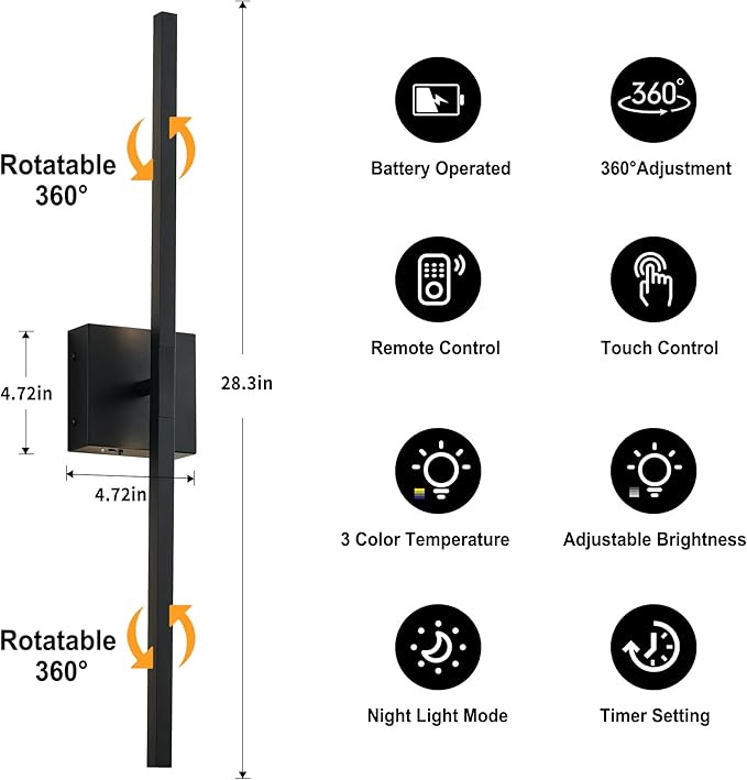 KARTOOSH 28.3 Inch Battery Operated Wireless Wall Sconce, 360° Rotatable Detachable Modern Wall Lamp with Remote Control Stepless Dimmable 3000K-6000K LED Light for Bedroom, Living Room Gallery Black