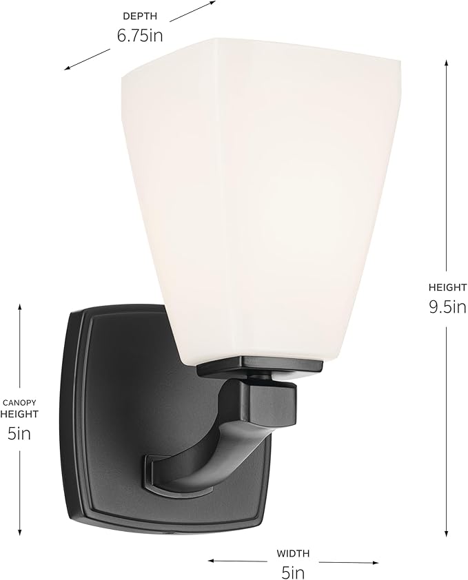 Kichler Marant 5" 1-Light Wall Sconce Bathroom Vanity Light Fixture with Opal Glass in Black for Bathroom, Powder Room, Hallway, Fireplace (5" W x 9.5" H), 55214BK