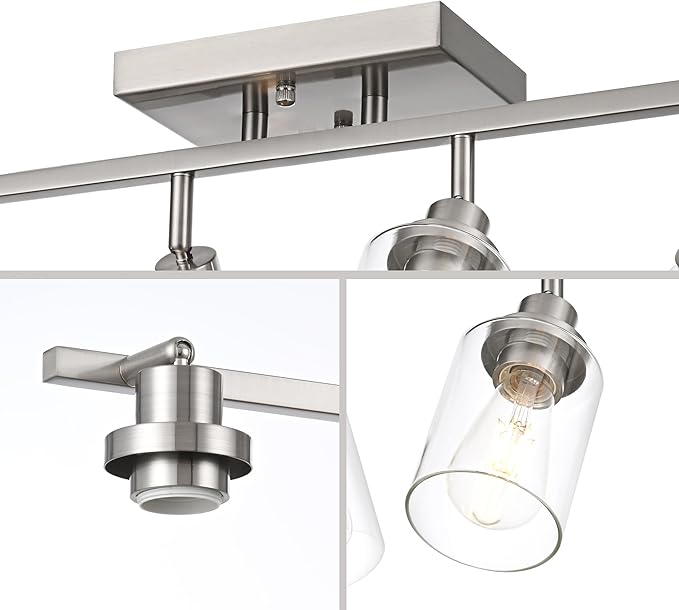 6 Light Track Lighting Kit Brushed Nickel Kitchen Track Lighting Fixtures Ceiling Mount Bathroom Vanity Wall Scones Light Fixture with Clear Glass, Rotatable Spotlight for Kitchen Shop Hallway