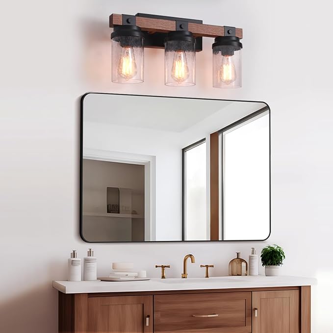 Farmhouse Vanity Light Fixtures, 3-Light Rustic Bathroom Lights Over Mirror with Pretty Glass Shade, Industrial Black Metal Wood Wall Decor Sconces for Living Room Hallway Stairway