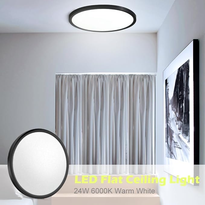 12 Inch 24W Flush Mount LED Ceiling Light Fixture, 6000K Daylight White, 3200LM, Flat Round Ceiling Light Fixture, 240W Equivalent Black Ceiling Lamp for Closets, Kitchens, Stairwells, Bedrooms.etc.