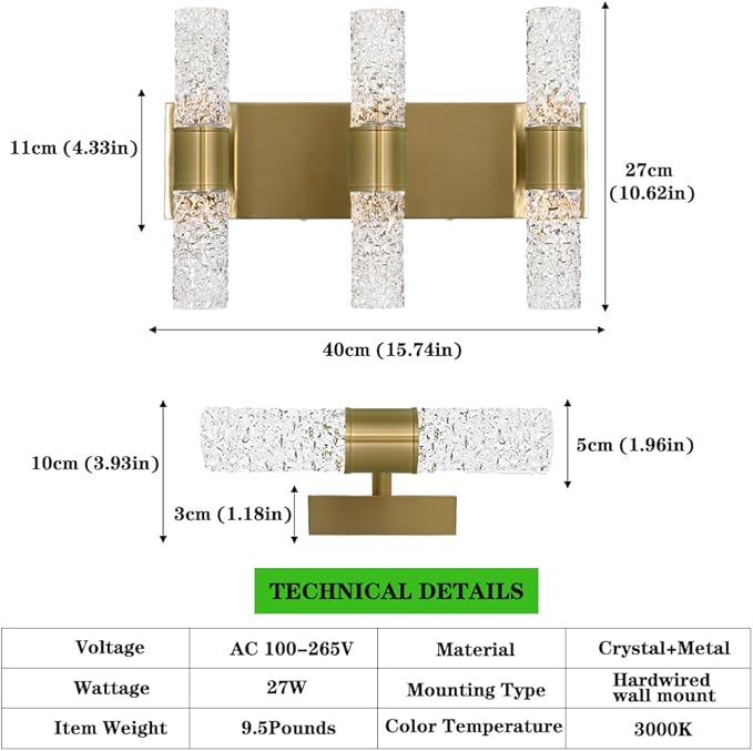 Gold Bathroom Light Fixture, Modern Brushed Vanity Light with, Crystal 6 Light Bathroom Vanity Light Fixtures Over Mirror, 27w LED Hardwired Wall Sconce, Warm White