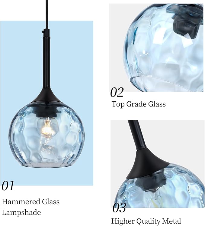 JHLBYL Glass Pendant Lights Kitchen Island: 5.91'' 2-Pack 1-Light Blue Hammered Glass Pendant Light with Black Finish - Modern Minimalist Hanging Light Fixture for Kitchen Sink Dining Room - E26 Base