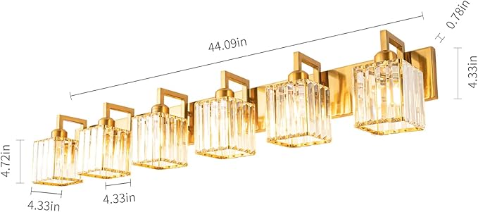 Crystal Bathroom Vanity Light 6-Lights Gold Brushed Brass Finish Modern Crystal Wall Lamp Bathroom Modern Crystal Vanity Lighting
