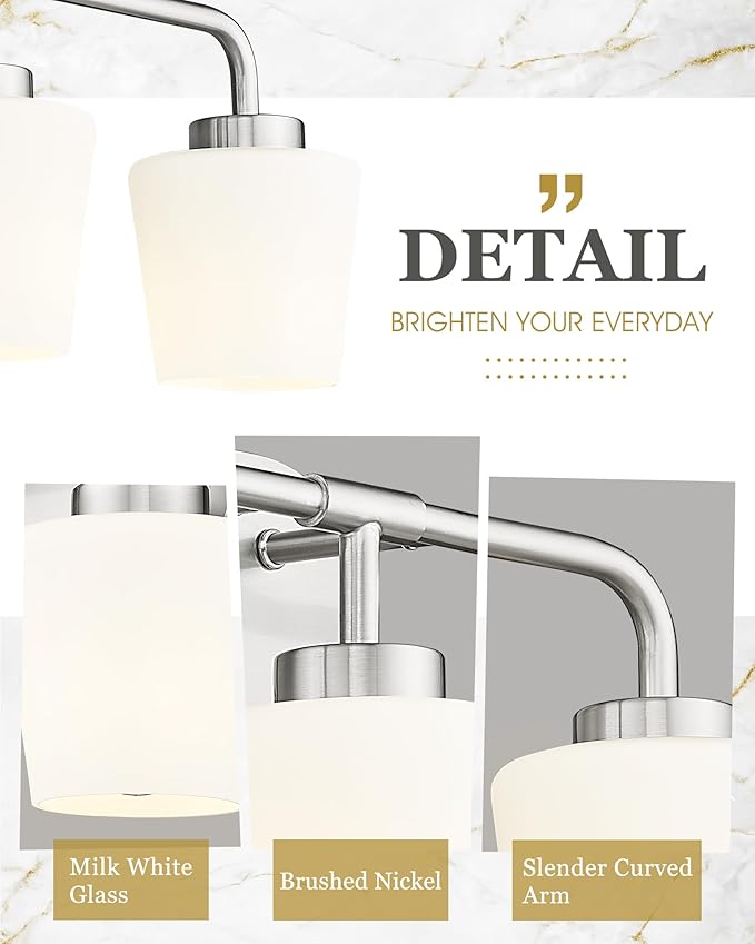 Bathroom Light Fixtures Over Mirror, 4-Light Brushed Nickel Vanity Lighting Fixtures with Milk White Glass, Vintage Farmhouse Wall Sconces Lighting, AD-22004-4W-SN