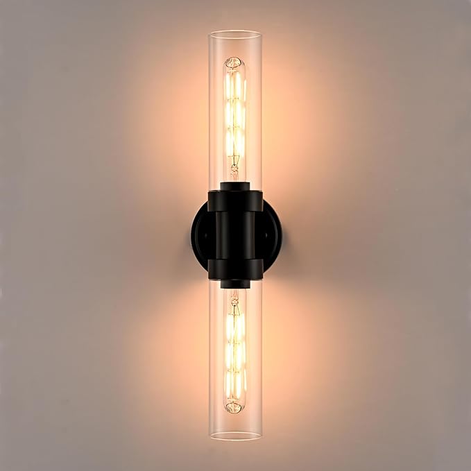 Farmhouse 2-Light Black Wall Sconce, Cylinder Bathroom Wall Light with Clear Glass Shade 20-Inch Modern Black Glass Sconces Wall Lighting for Bedroom Hallway Staircase