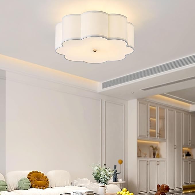 17.7" Semi Flush Mount Ceiling Light Fixture, 3-Light Modern Close to Ceiling Light with Fabric Flower-Shaped Shade, Light Fixtures Ceiling Mount for Bedroom Nursery(Gold)
