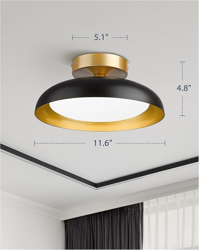 kudos Semi Flush Mount Ceiling Light Fixture, Black and Gold LED Ceiling Lights, 12 Inch Light Fixtures Ceiling Mount for Hallway, Bedroom, 3000K/4000K/6000K Adjustable, 2 Pack, KDCL01-BK-2PK