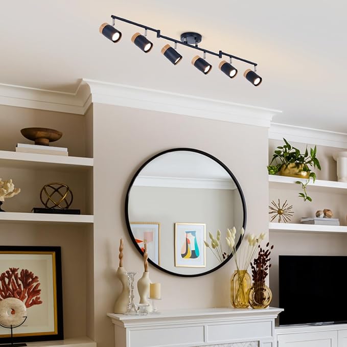 Black Track Lighting,6-Light,Flexible Beams and Rotation Spotlights, Natural Wood Track Lights for Kitchen,Bedroom, Closet,Art Show