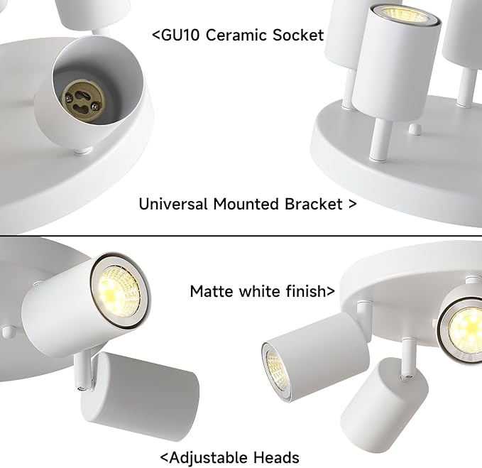 EGM Adjustable 5-Light Kitchen Spot Light Fixture, White Round Track Lighting Fixtures, GU10 Flush Mount Directional Ceiling Light for Bedroom