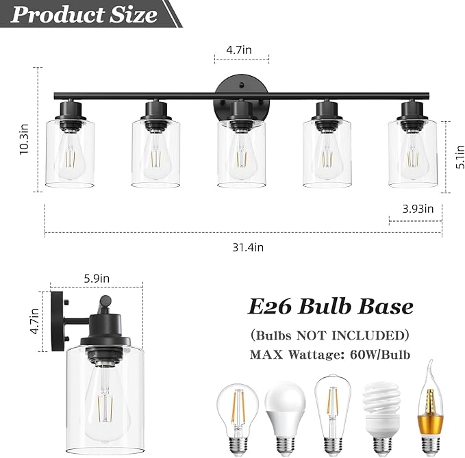 5-Light Black Bathroom Vanity Lights, E26 Modern Bathroom Light Fixtures with Clear Glass Shade, Mirror Kitchen Hallway Cabinet Living Room Sconces Wall Lights