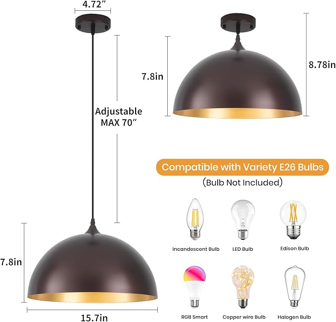 16 Inch Industrial Pendant Light, Large Dome Pendant Lights for Kitchen Island, Farmhouse Hanging Light or Dining Room Cafe Bar, Oil Rubbed Bronze Finish