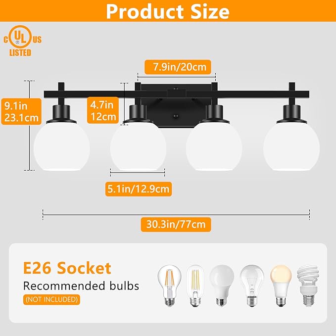 Dpyrrhic 4-Light Modern Vanity Lighting Fixtures, Bathroom Wall Mounted Vanity Light,Black Bathroom Lighting Fixtures Over Mirror with Milky White Glass Lampshade for Bedroom, Living Room