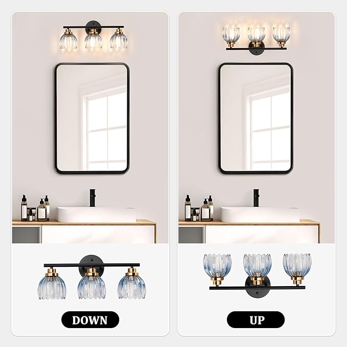 TALOYA Bathroom Vanity Light Fixtures, 3-Light Modern Black and Gold Wall Lights Over Mirror with Gradient Blue Tulip Glass Shades Bathroom Wall Lamp for Mirror, Living Room,Hallway, Farmhouse