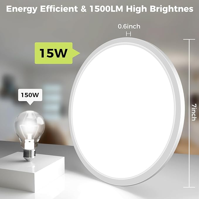 4Pack LED Flush Mount Ceiling Light Fixture, 7Inch 15W, Dimmable&3000K/3500K/4000K/5000K/6500K Adjustable Low Profile Ceiling Lights, 1500LM Round Lamp for Bathroom, Closet, Kitchen, Hallway, White