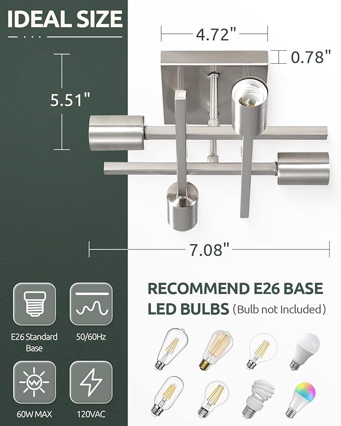 Industrial 4-Light Semi Flush Mount Ceiling Light Fixture, Modern Brushed Nickel Chandelier Lighting, Farmhouse E26 Base Sputnik Ceiling Lamp, 3 Pack