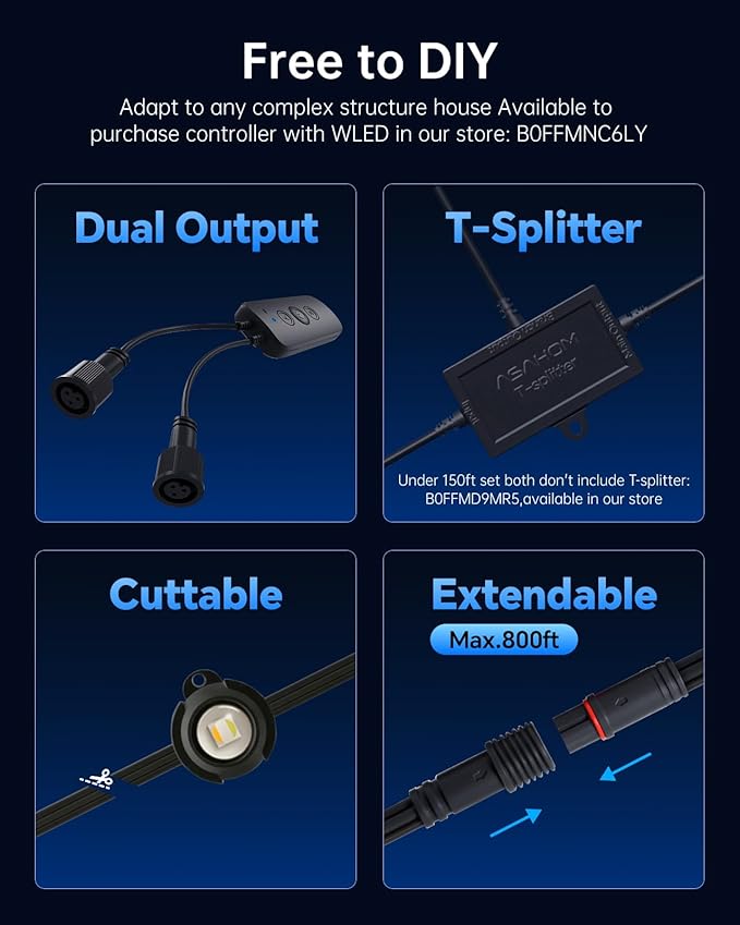 ASAHOM AI Permanent Outdoor Lights S107B, 100FT with 72 RGBCW LED Lights, 30,000 Lighting Effect, Controller with Dual Output, Extend to 800FT, Cuttable for House Outdoor Decor Daily Lighting, Black