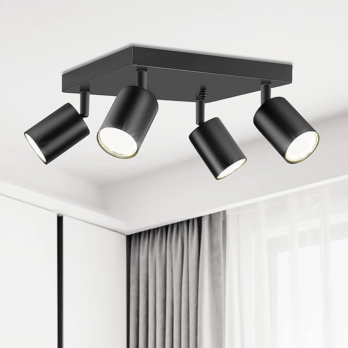 Ketom Ceiling Spot Lights Indoor: 4 Lights Led Flush Mount Ceiling Light Fixture GU10 Head Modern Black Adjustable Directional Light for Kitchen Bathroom Bedroom Hallway