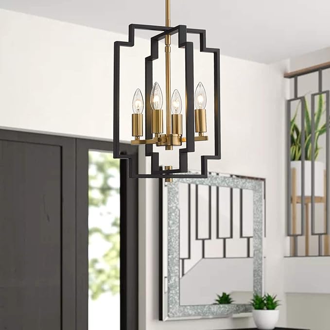 Emliviar 4-Light Lantern Chandelier, Farmhouse Pendant Light for Dining Room Kitchen Island, Black and Gold Finish, JE1981-D4 BK+G