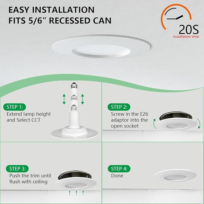 Soliseed 12-Pack 5/6 Inch LED Can Lights 5CCT Recessed Lighting,Selectable 2700K/3000K/3500K/4000K/5000K Length Adjustable Retrofit Downlight,12W=60W,800LM,Dimmable,CRI90+,Easy Install