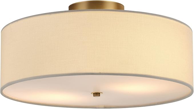 Globe Electric 2-Light Flush Mount Ceiling Light, Matte Brass Finish, White Linen Shade, E26 Base, Dimmable, Minimalist Home Lighting, 60998
