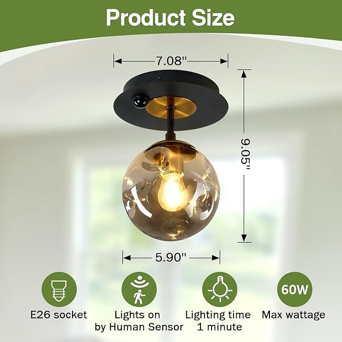 SZXYKEJI Motion Sensor Light Indoor 1-Light Mini Glass Globe Ceiling Light Fixture Modern Black Semi Flush Mount Light for Hallway Entryway Porch Stairway Closet